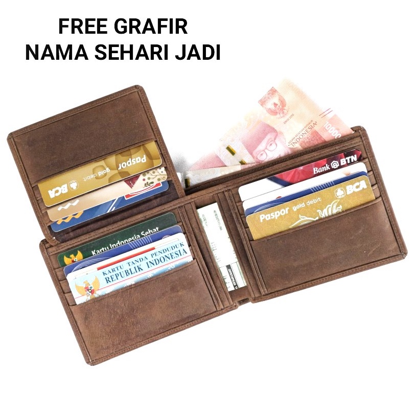 Dompet Kulit Pria Lipat Dua Muat 12 Slot Kartu Warna Coklat Dompet Kulit Asli