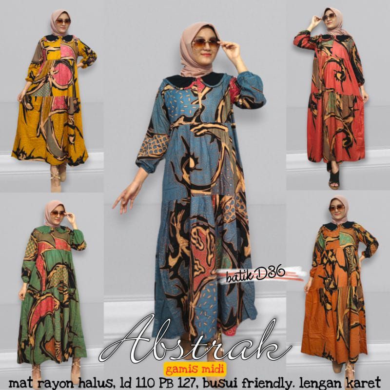 Semerbak Gamis Midi Abstrak Lengan Karet Batik Murah Modern Elegen Rayon