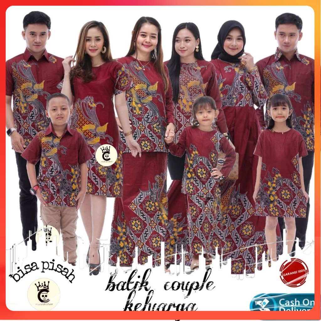 Baju Batik Couple Batik Keluarga Modern Sania Ruffle Ori Ndoro Jowi Kenari Merah Maroon Set Seragam 