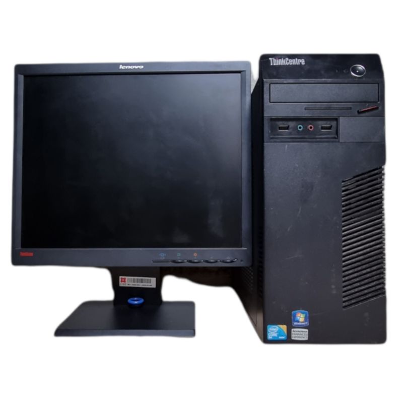 paket pc cpu lenovo core 2 duo/ ram 2gb/ hdd 160gb/ layar 17in kotak merek campur/ key mouse/kabel komplit power dan vga