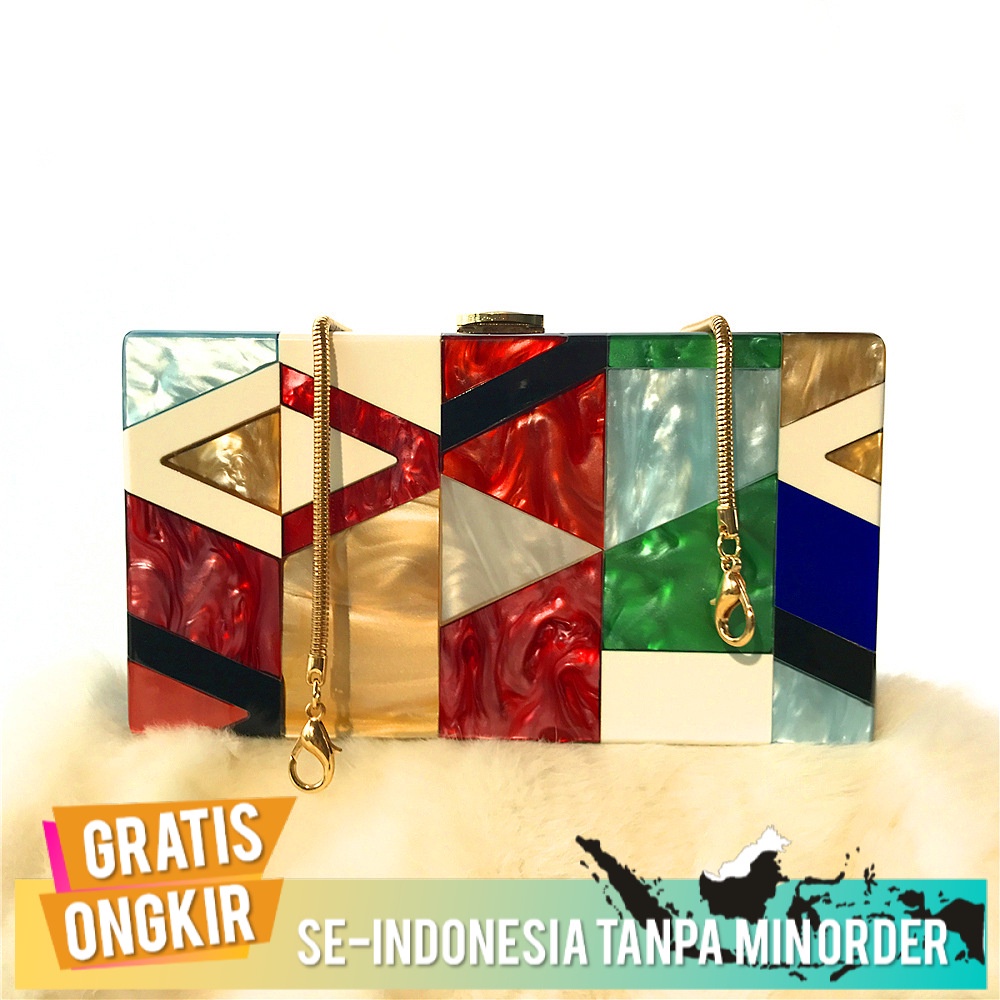 Tas Pesta Wanita Import Elegant Tas Geometris Jahitan Warna Akrilik Kotak Perjamuan Tas