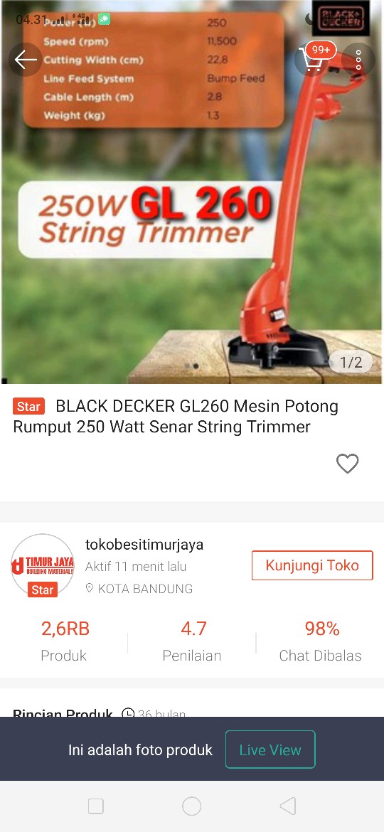 Black Decker Gl260 Mesin Potong Rumput 250 Watt Senar String Trimmer