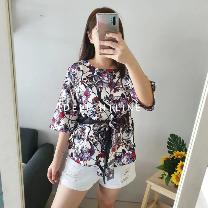 RIBBON BOW TIED TOP BLOUSE WANITA BLACKOUT DELIGHTLINE - MOTIF SAKURA FLOWER - LENGAN PANJANG 7/8-SAKURA WHITE BLUERED
