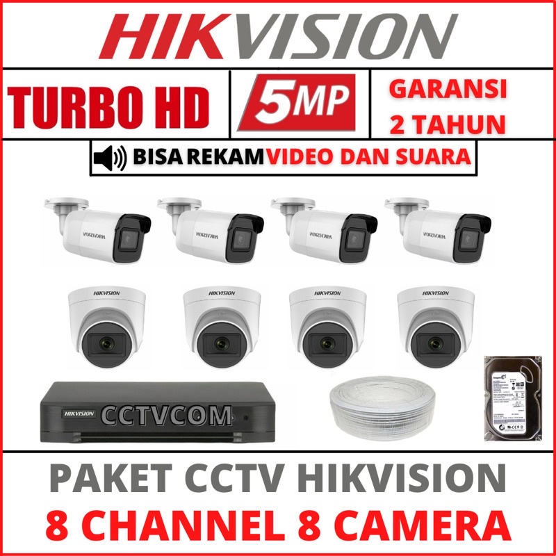 PAKET CCTV HIKVISION 8 CHANNEL 8 KAMERA 5MP TURBO HD/AUDIO SERIES  KAMERA CCTV KOMPLIT TINGGAL PASANG