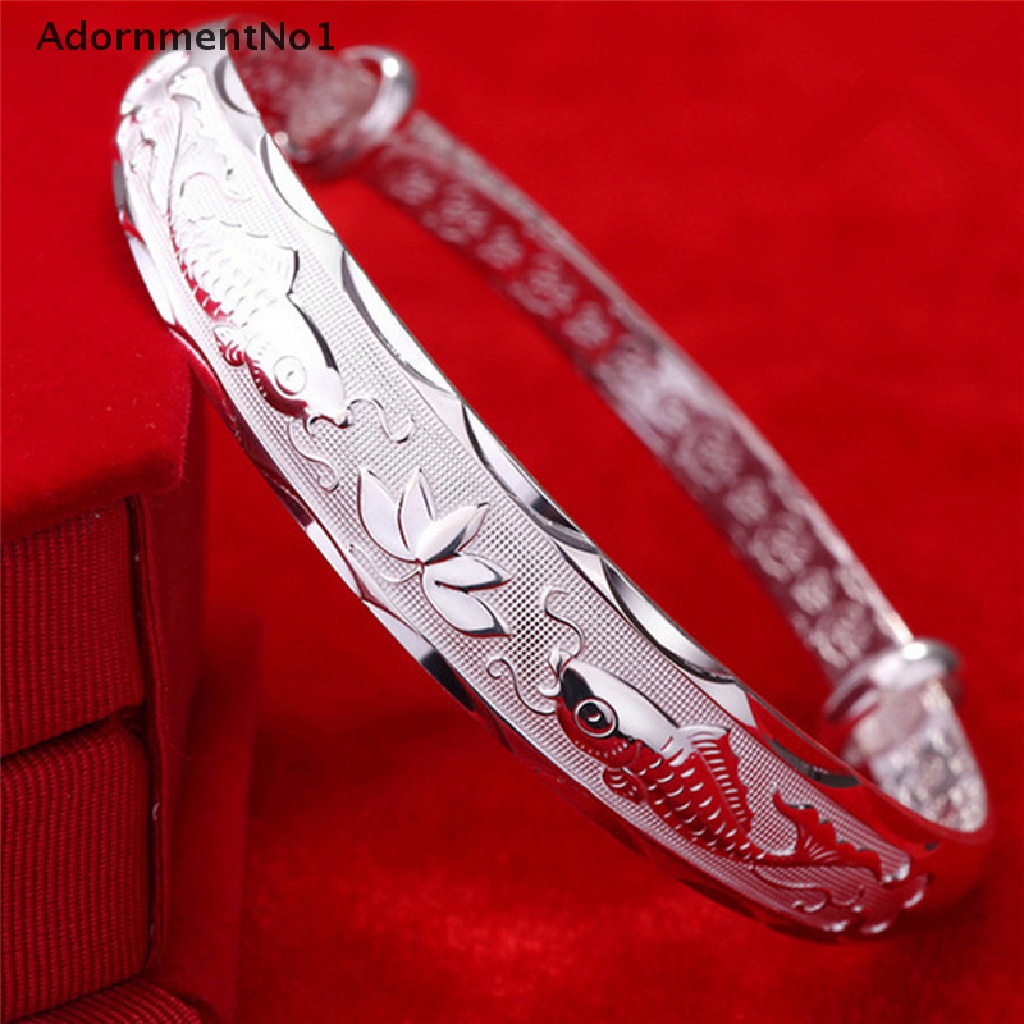 (AdornmentNo1) Gelang Tangan Silver Adjustable Motif Ikan + Bunga Teratai Untuk Perhiasan Wanita