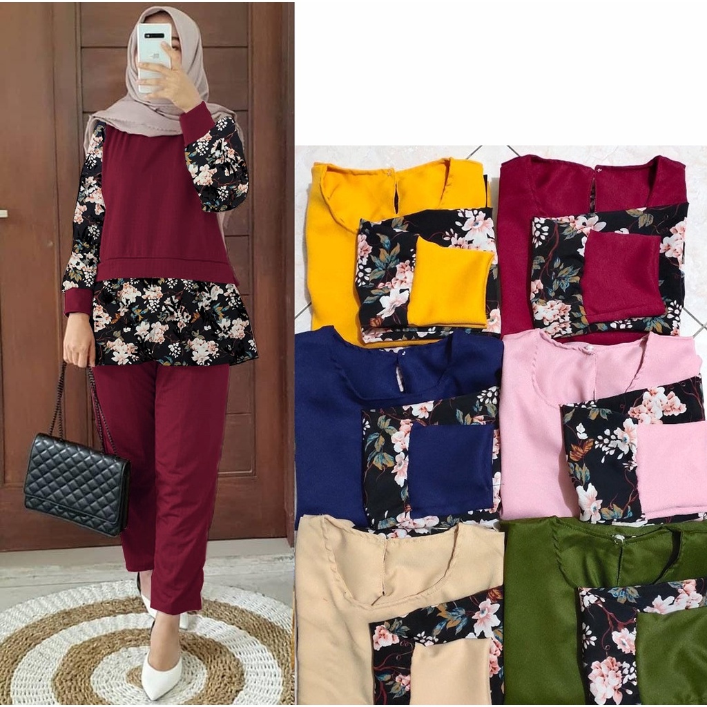 AS FASHION-PROMO-US-SETELAN BAJU TUNIK DAN CELANA WANITA MUSLIM TERBARU-STELAN TUNIK CASUAL-SET MUSLIMAH