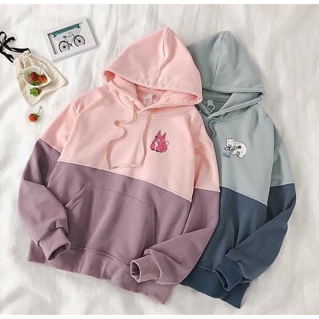 4539 Sweater Hoodie Wanita | CARTOON COMBINASI Hoodie Oversize Wanita Korean Style | Bahan Fleece Tebal Kekinian