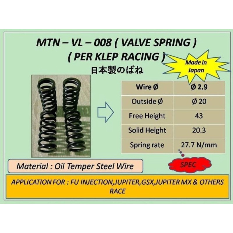 PER KLEP MTN SPRING JAPAN FOR ,FU injeksi,MX KING,JUPITER,GSX,JUPITER MX. per klep racing