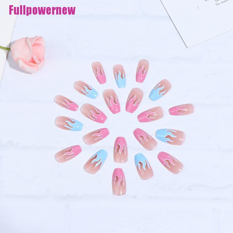 [Full] 24pcs KUKU PALSU Coffin Head Natural Fire Flame Nail Tips Fake Nails Full Cover