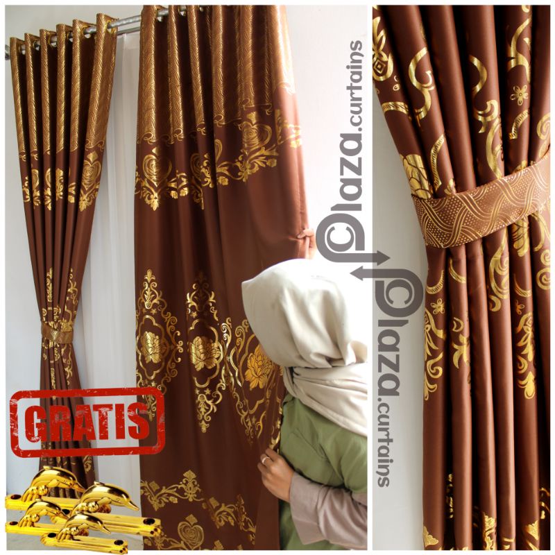 gorden jendela pintu blackout motif mewah tinta emas