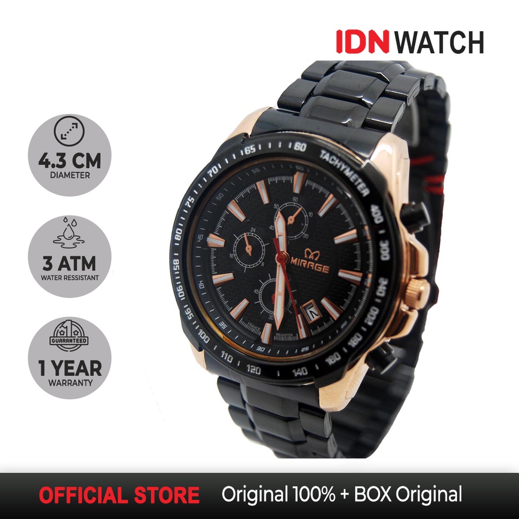Jam Tangan Mirage Original Analog Sporty Mewah Pria Formal Hitam Rosegold Water Resist 8305M