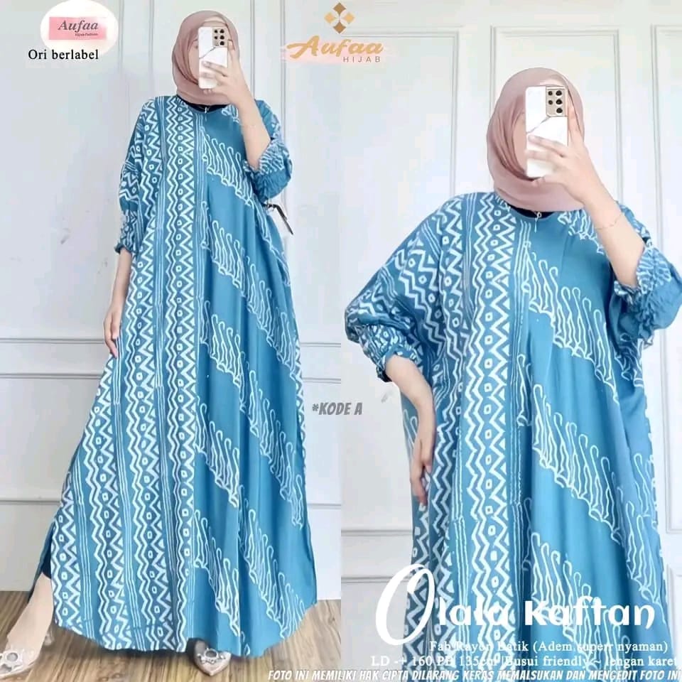 Olala Kaftan Wanita Jumbo XXXXL Motif Batik Cap Encim / Green Pine Kaftan Soft Color Sage Series Busui Lengan 7/8 Cotton Rayon