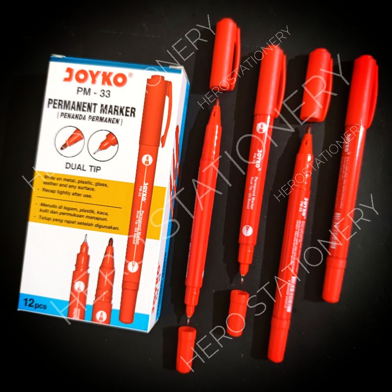 

Spidol permanen dual tip permanent marker joyko PM-33 tinta merah . 12 unit