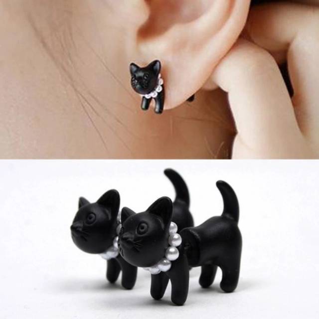 Anting tusuk / stud fashion korea kucing hitam lucu (Black Kitten Earring)