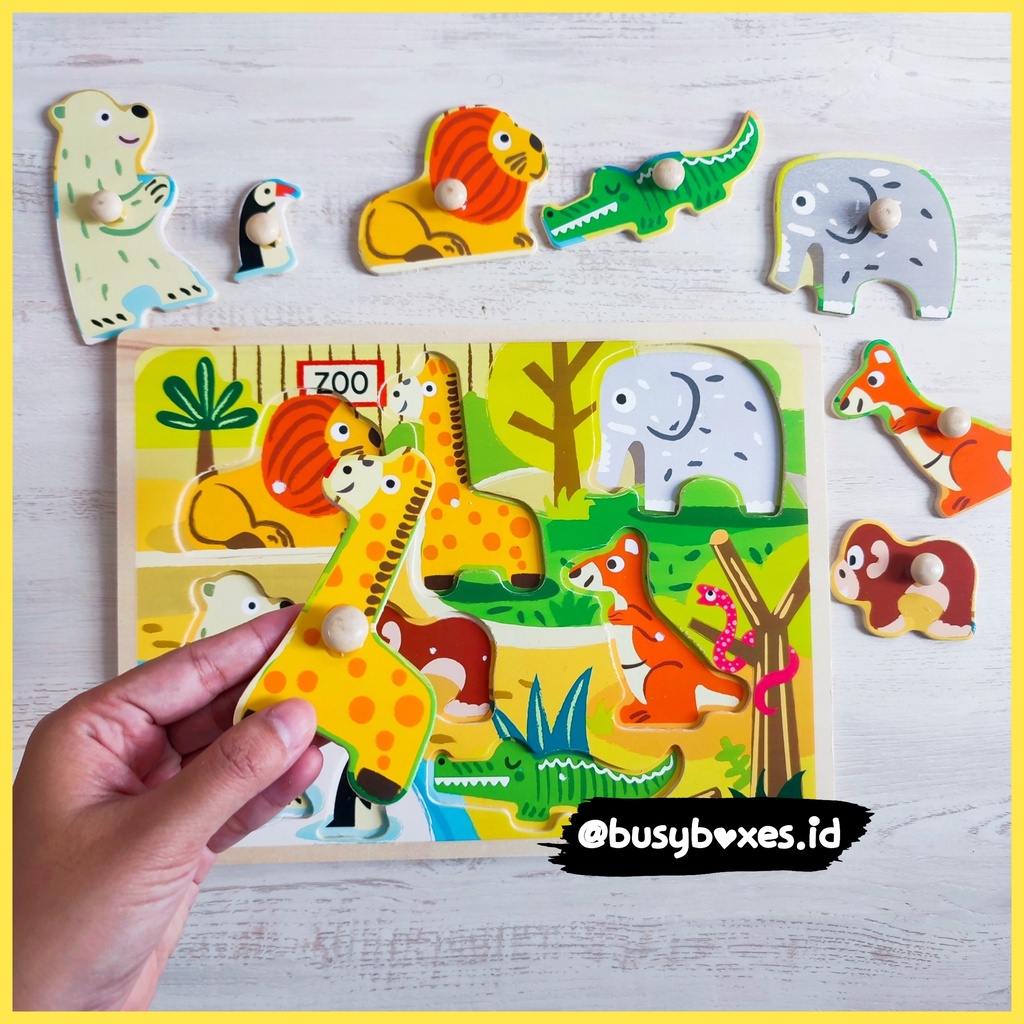 [busyboxes.id] Mainan Edukasi Mencocokan hewan liar zoo animals  Puzzle Kayu Puzzle Knob Wooden Toys Mainan Kayu