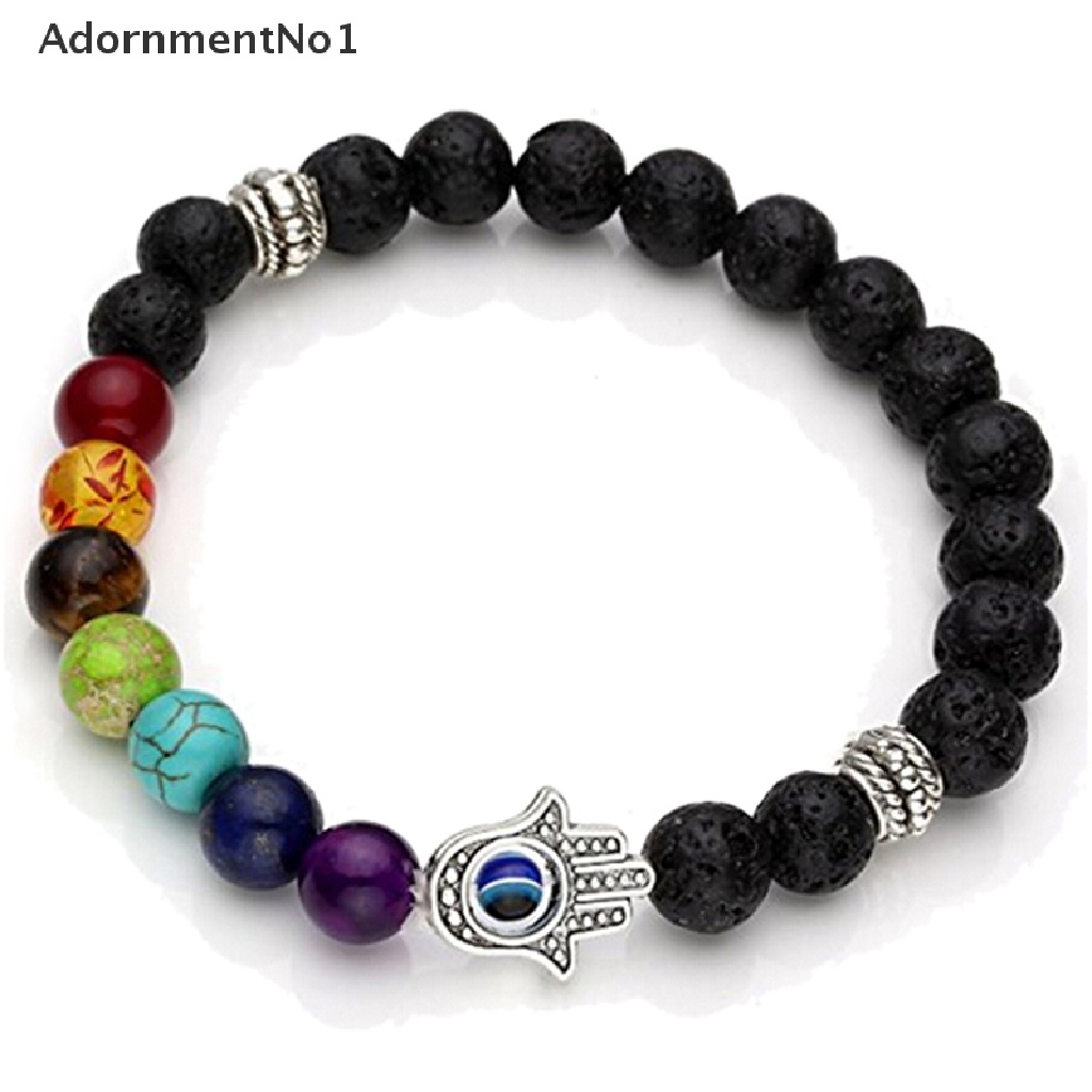 (AdornmentNo1) Gelang Tangan Batu Lava Aksen Tangan Hamsa + Kristal + Chakra Untuk Penyembuhan Reiki