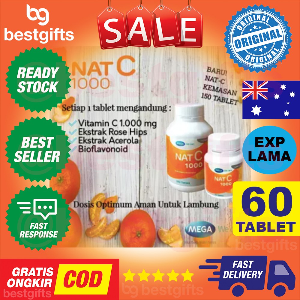 MEGA WE CARE NAT C VITAMIN VIT C 1000 MG KEKEBALAN DAYA TAHAN IMUN TUBUH AMAN DI LAMBUNG 60 TABLET