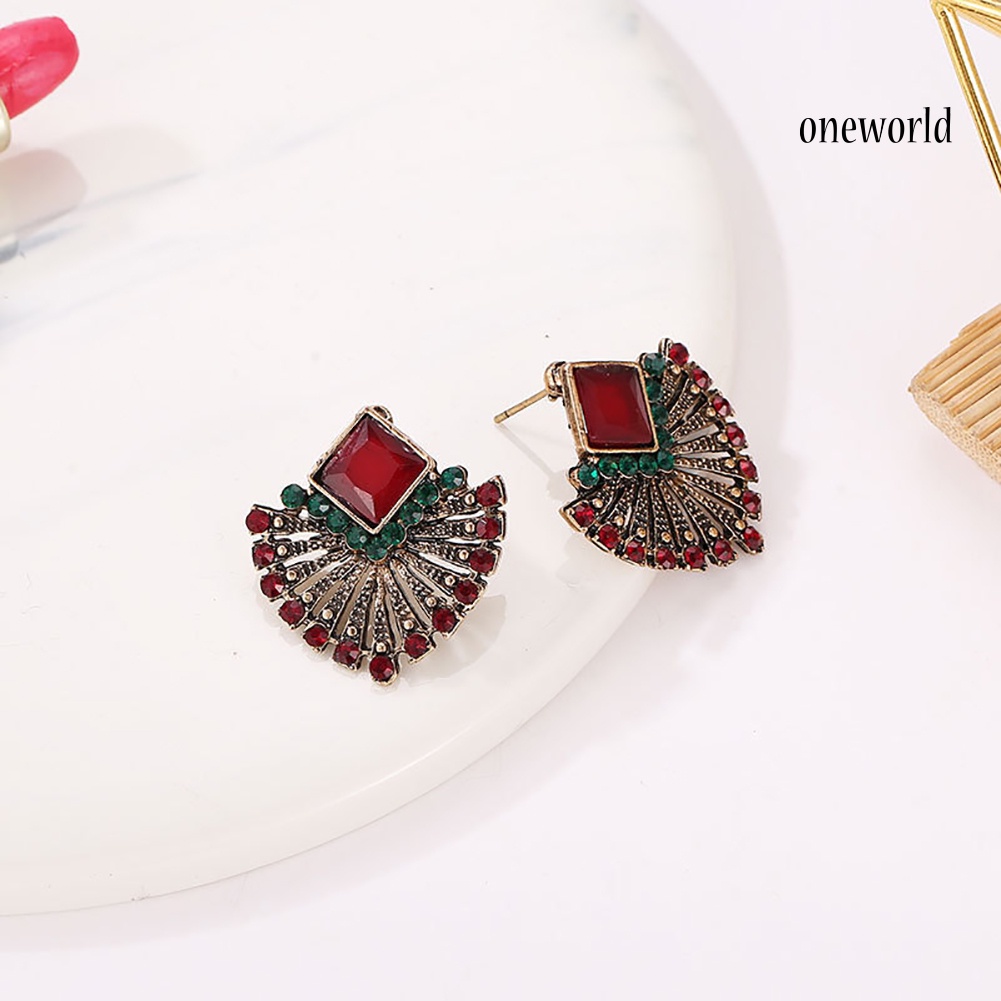 OW@ Women Vintage Ethnic Style Rhinestone Earrings Fan-Shaped Bohemian Ear Stud Gift