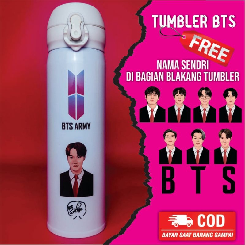 Botol Karakter BTS Tumbler KPOP Free Nama Sendiri Tahan Panas Kado Ualangtahun