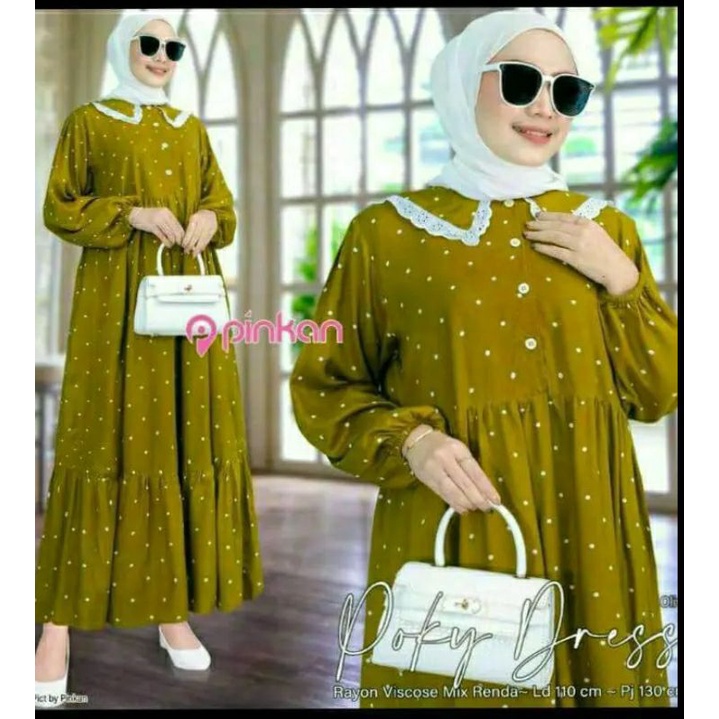 Gamis Terbaru Pocky Midi Rempel Rayon Premium Dress Wanita Polos Lengan Panjang Baju Wanita Busui Bigsize LD 110 cm