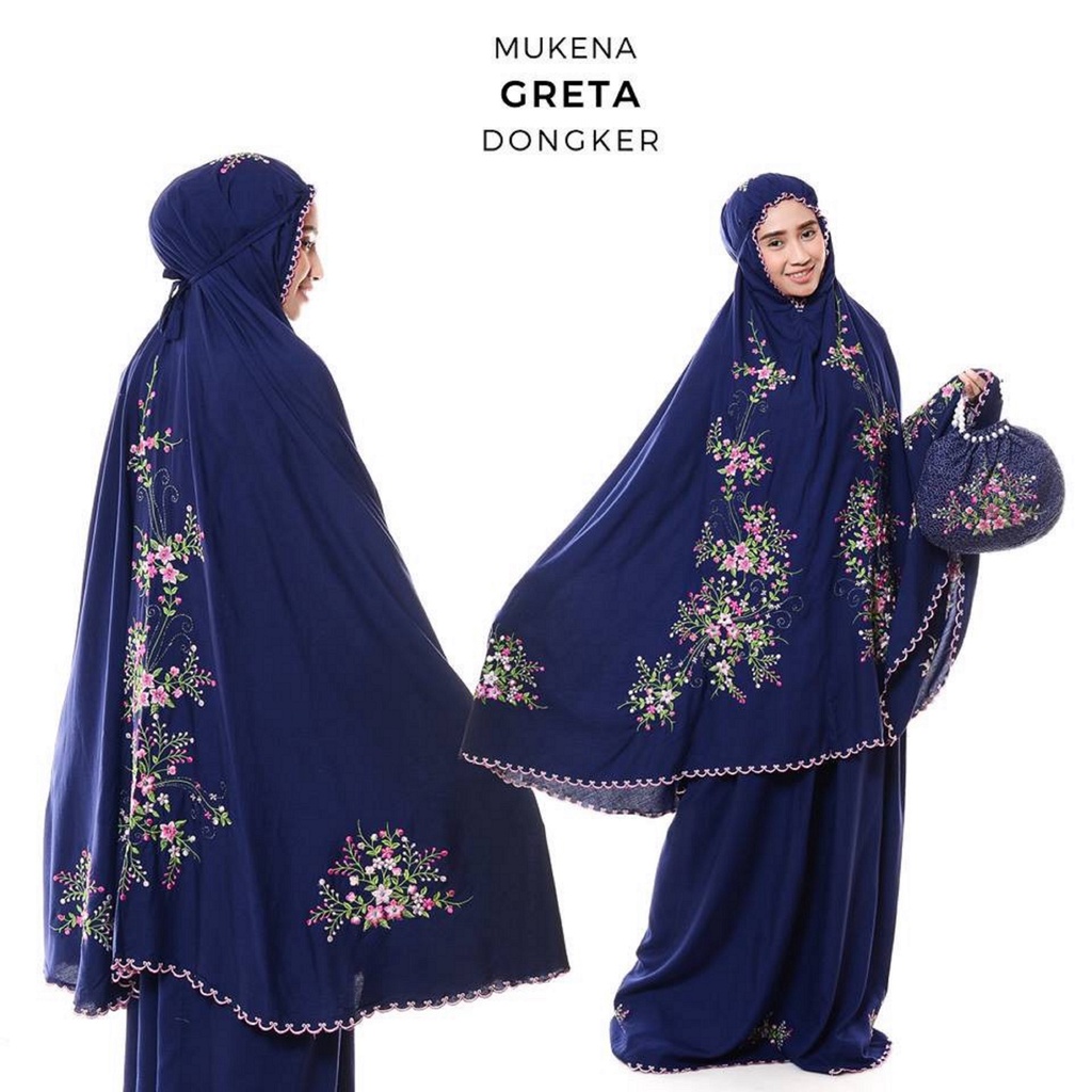 MUKENA DEWASA JUMBO KATUN RAYON BORDIR BUNGA GRETA PREMIUM TRAVEL PROMO MURAH FREE TAS