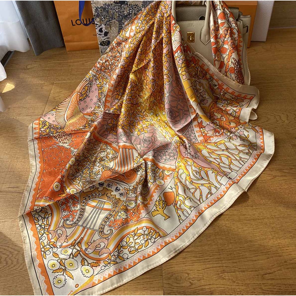90*90 cm Outer Scarf Syal Wanita Motif Premium Bahan Satin Korean Style / Sunscreen Hijab Silk Long Scarf Leher Korea Fashion Import Selendang Bali
