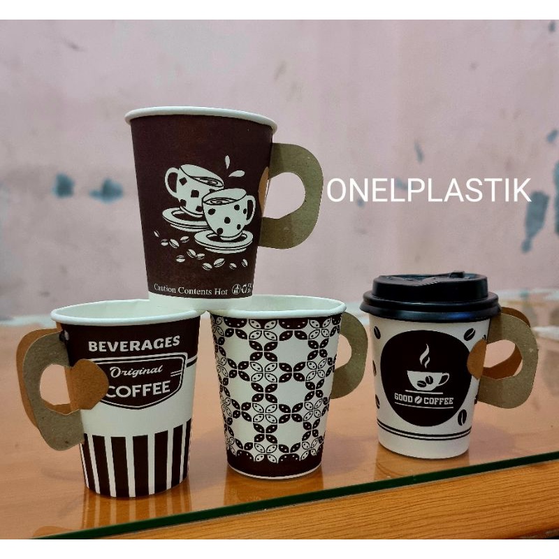 Hot Paper Cup Motif / Gelas Kertas Motif 9 Oz / Paper Cup Handle - tanpa tutup @ 50 pcs