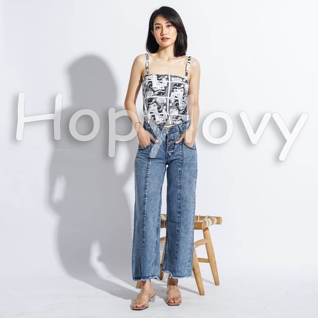 HOPYLOVY - Celana Kulot Jeans Wanita Highwaist 3 Kancing Depan Zarara