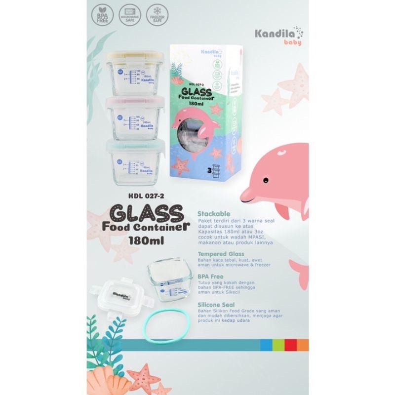 Kandila Bebewawa Glass Food Container 180ml 200ml KDL027-2 KDL027-3  KDL027-4 Box Wadah Simpan MPASI Bayi bahan Kaca + Penggaris Ukur Ml Takaran