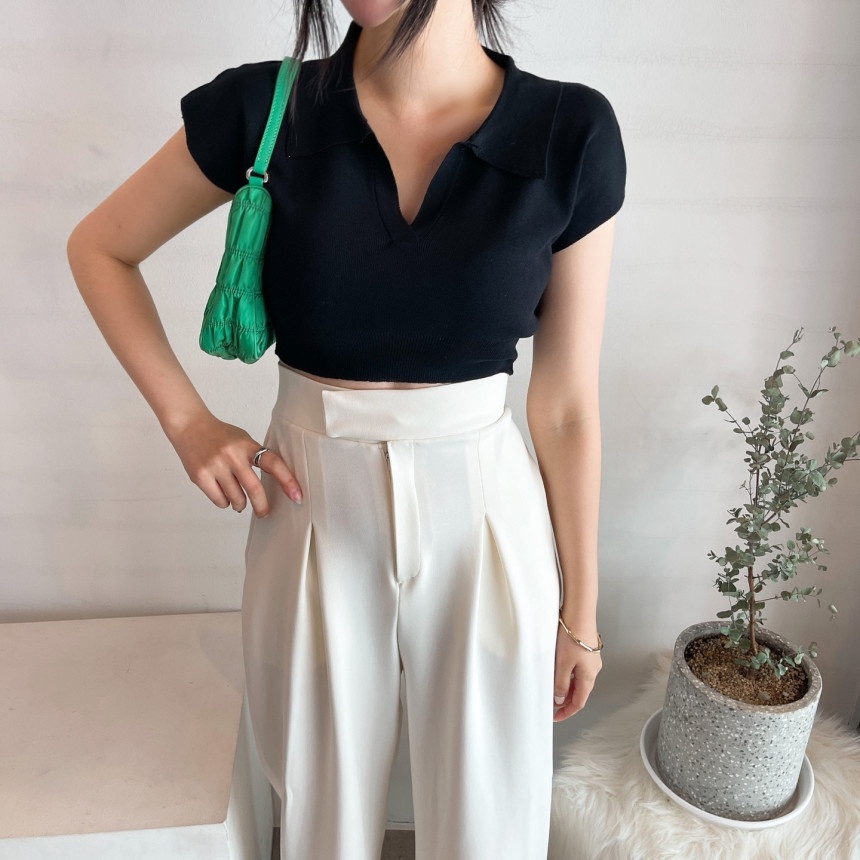 XIAOZHAINV Korean Vneck Crop Top Blouse Polo Shirt Atasan Wanita