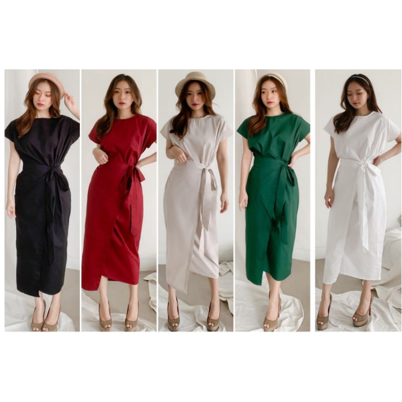 ❣️ SPECIAL PRICE ♡ PREMIUM ♡ ORIGINAL ! SNOWIE PLAIN APPRON WRAP SIDE TIED MIDI DRESS