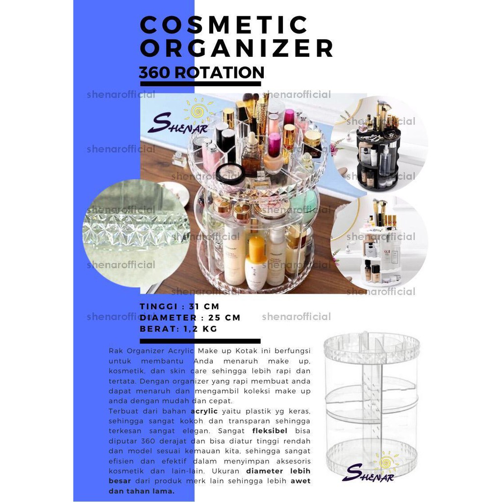 SHENAR RAK KOSMETIK ACRYLIC DIAMOND PUTAR 360 DERAJAT/TEMPAT TAS MAKEUP AKSESORIS/RAK KOSMETIK PUTAR, SHENARCORNER168