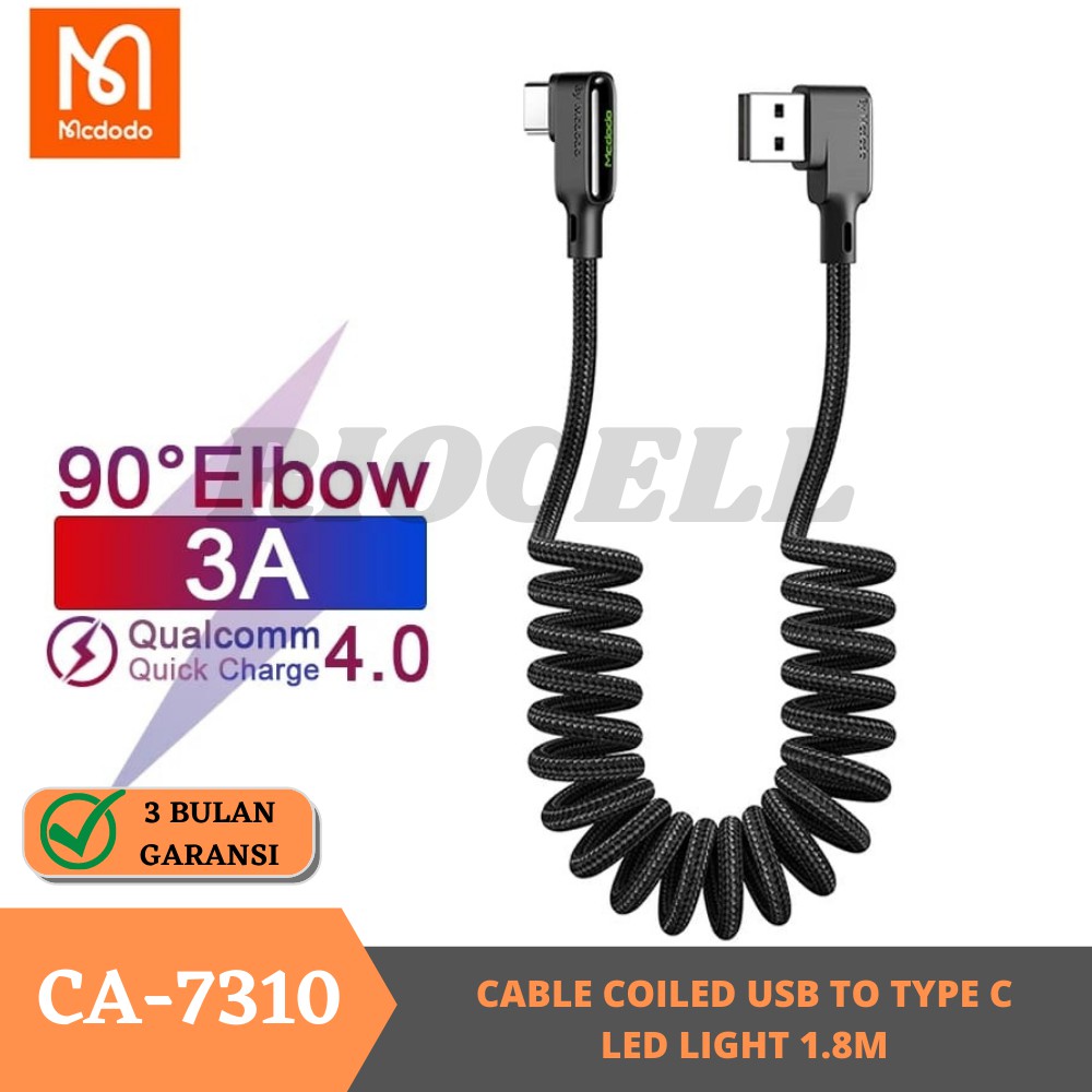 MCDODO Android Cable Type C Coiled 90° Spring Quick Charger 4.0 3A Kabel spiral android type c