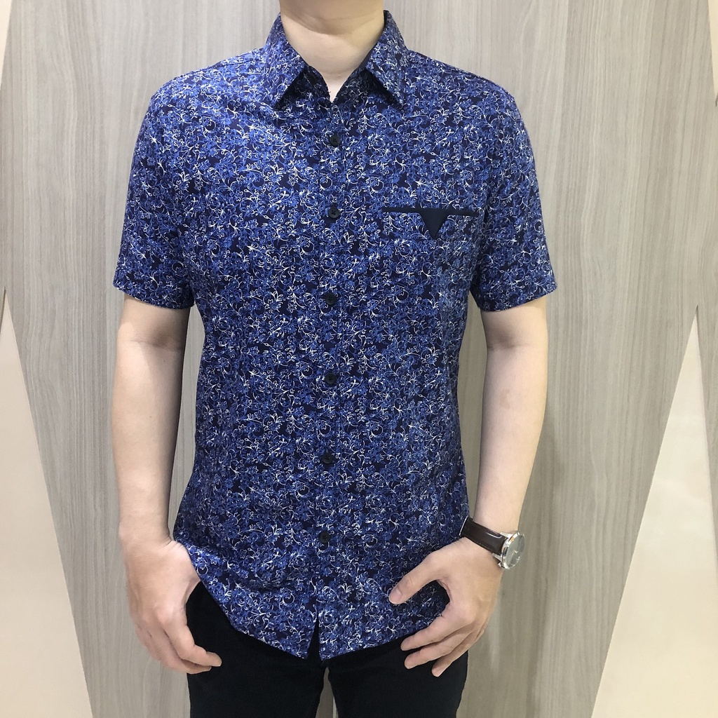 [GRIDLINE - S217 Blue &amp; Black] Kemeja Print Pria Katun Lengan Pendek Slimfit Simpel Modern M-XXL