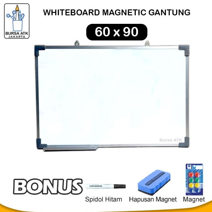 

Whiteboard Magnetic Gantung 60 x 90 Spidol HTM, Magnet, Hapusan