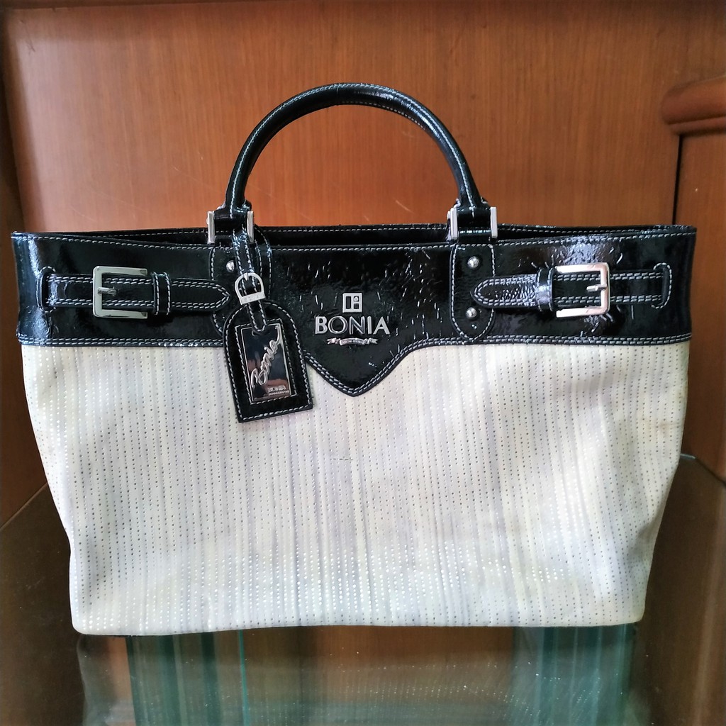 Bonia Original Branded Handbag Black White / Tas Tangan Wanita Hitam Putih Klasik Hand Bag