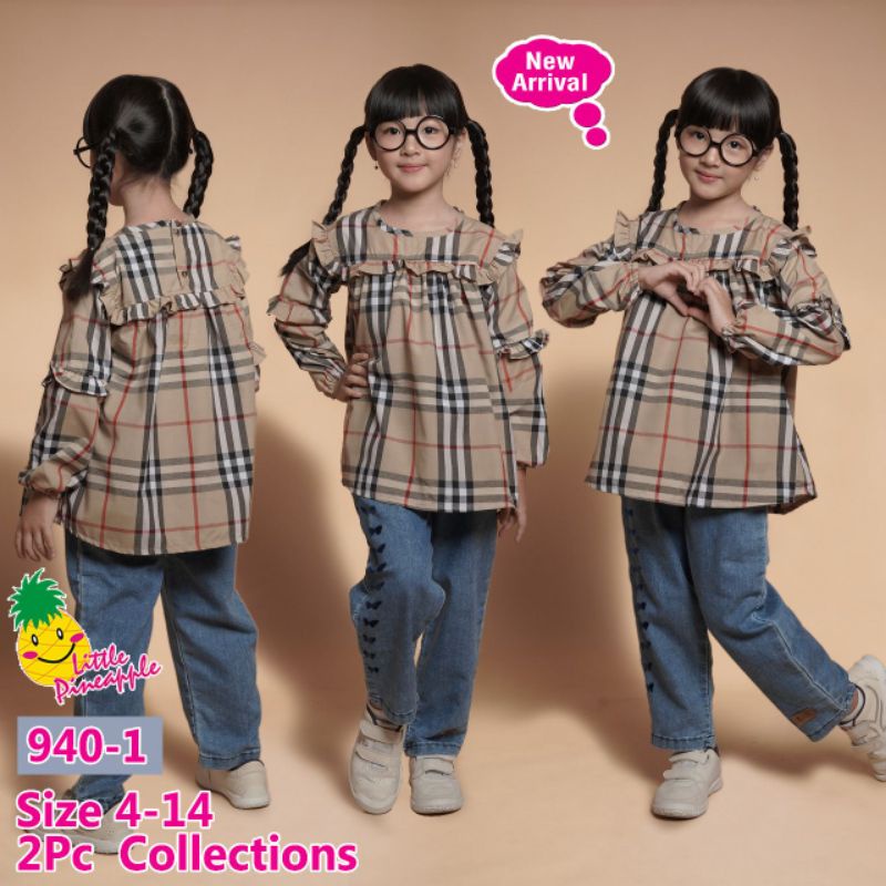 setelan panjang anak jeans little pineapple kids kotak