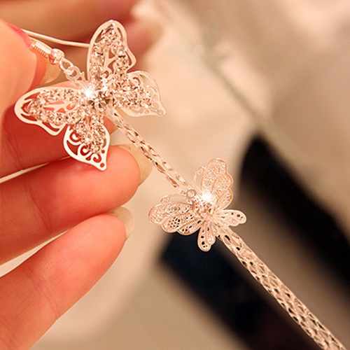 Hu Hu Hu Hu Hu Alat Bantu Pasang Kacamata♡ Anting Kait Gantung Panjang Wanita Model Butterfly Rumbai Lapis Ganda Hias Berlian Imitasi