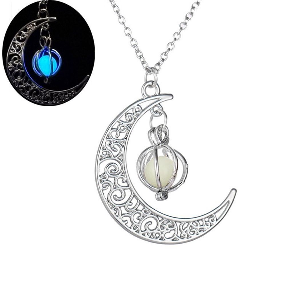 Kalung Liontin Bulan Dan Labu Luminous Glow In The Dark Multicolor Lapis Silver Untuk Unisex