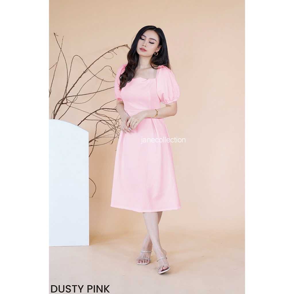 JANE COLLECTION || Midi Dress Hitam Kasual Lengan Balon Bisa dijadikan Sabrina / Square Neck Prom Night A Line Selutut Maroon Prime Scuba Night Party Pesta Kondangan OOTD Korea Pernikahan Nikah Dress Clara