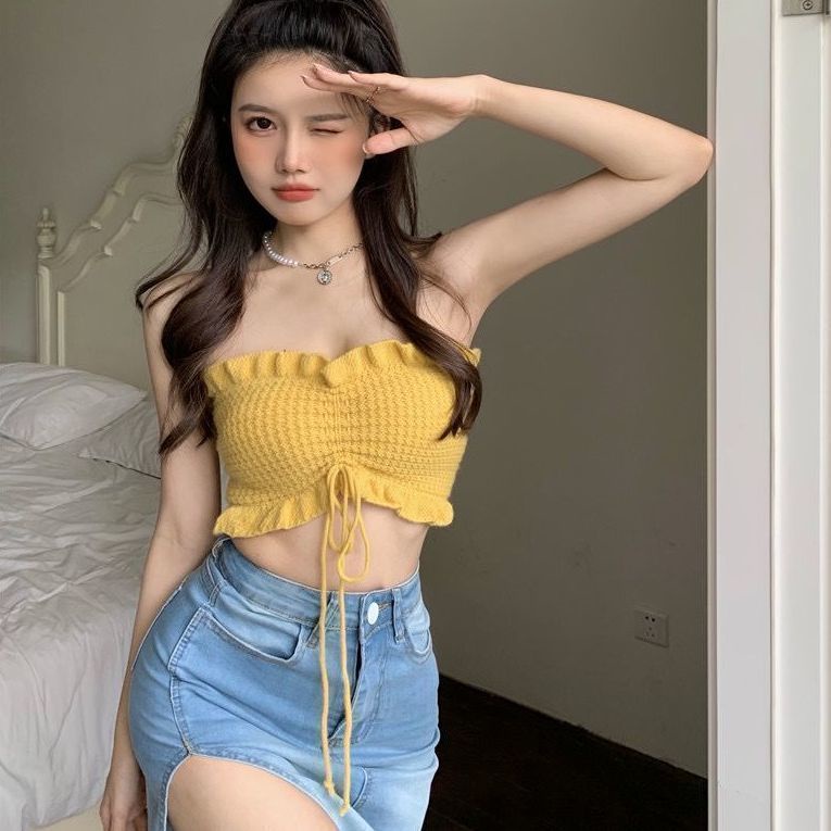 Pakaian luar kamisol tali pusar pendek musim panas perasaan serut off-shoulder tube top top wanita h