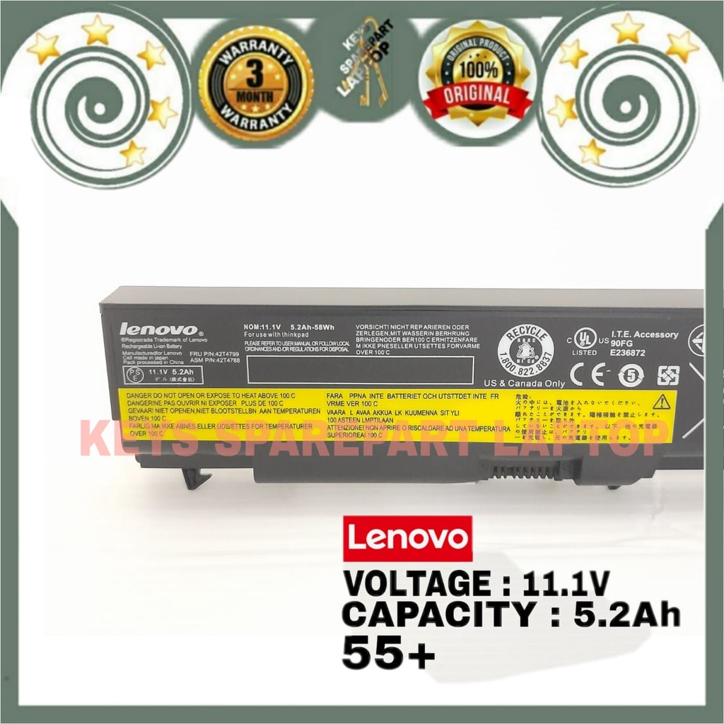 BATERAI Batre Battery laptop Lenovo Thinkpad SL410 E420 L410 L412 L510 T410 T420 SL51 W520 42T4795 SL510 L420 T420 E420 T420i 42T4791 E40 10.8V SL510 L420 T420i 42T4791 E40 57Wh 55+ Original