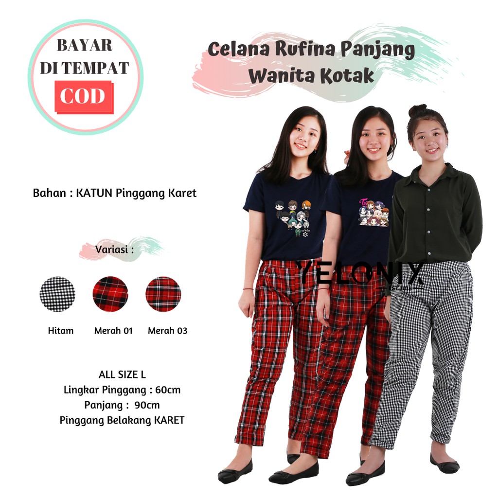 YELONIX Celana  Rufina Panjang Wanita Kotak  Pants Tartan  