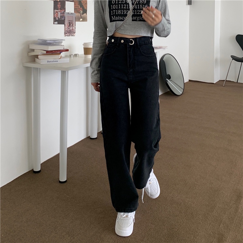 korean style new hitam kekinian longgar pengait celana jeans panjang wanita