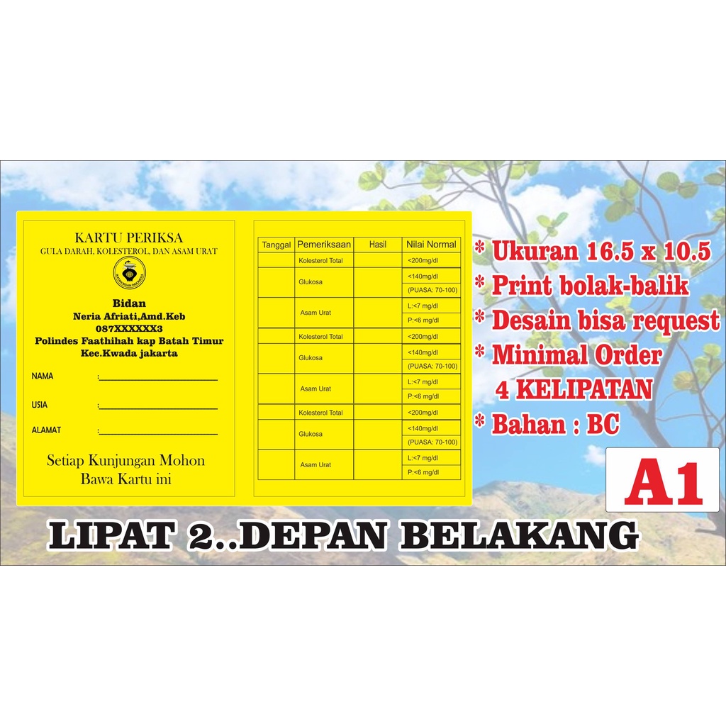 

KARTU PERIKSA GULA DARAH, KOLESTEROL, DAN ASAM URAT LIPAT 2 CUSTOM