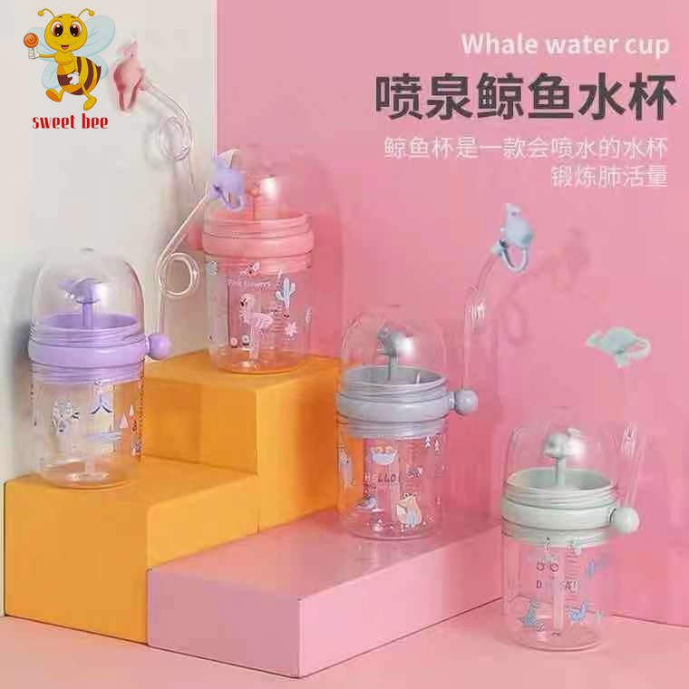 Botol Minum Anak unik Air Mancur Ikan Paus Lumba-Lumba/kincir Sedotan 260ML sweetbee-1
