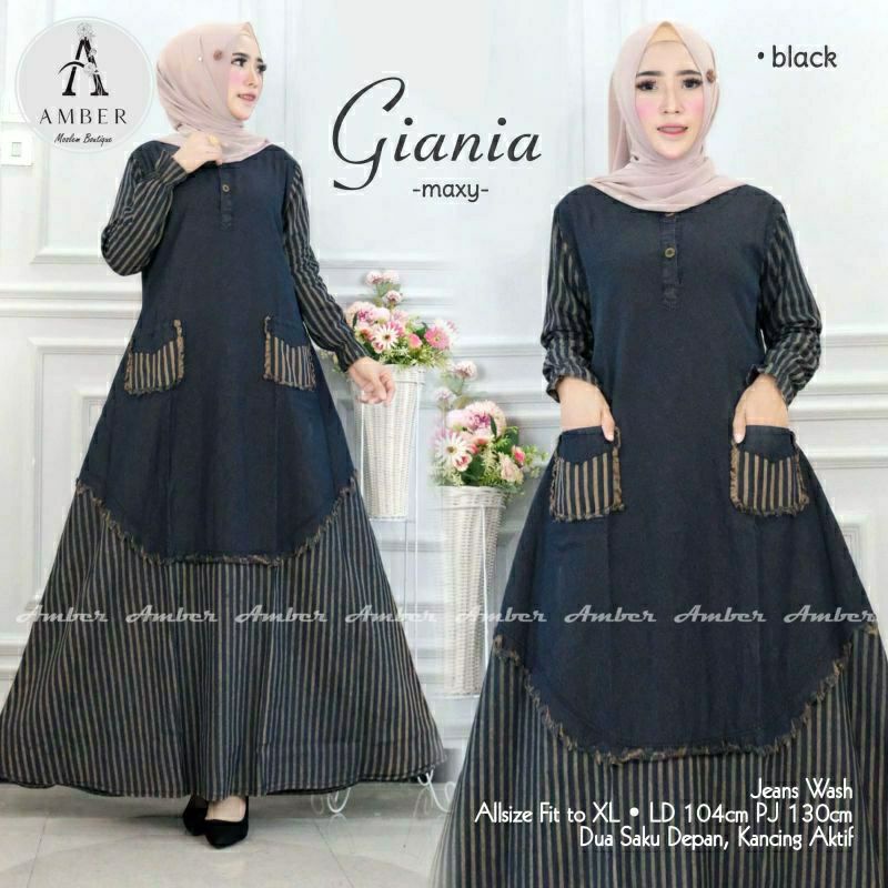 baju gamis jeans denim wanita kombinasi salur terbaru