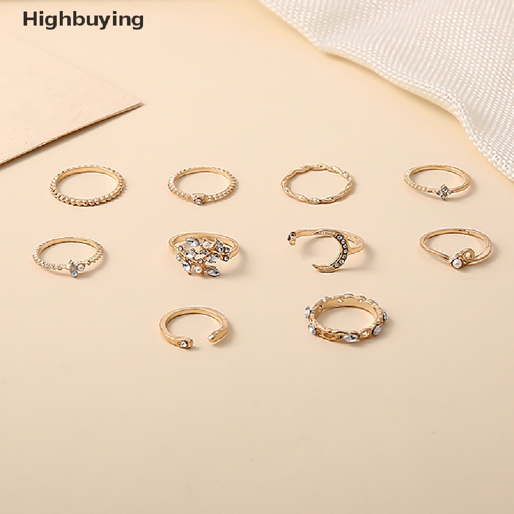 Hbid 10Pcs / set Cincin Motif Daun / Bunga / Bulan / Bintang / Geometri Aksen Mutiara + Kristal Untuk Wanita