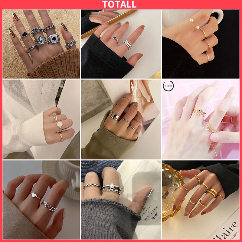 COD 7 Pcs Tidak Teratur Cincin Wanita Retro Pria Vintage Jari Cincin Jantung Trendi Pria Kepribadian Sekop Lebar Gaya Punk/Multicolor Cincin Set