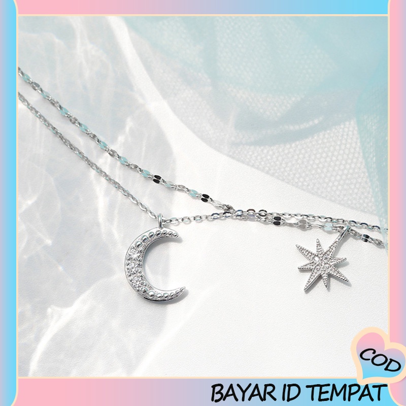 COD❤️Kalung Oktagonal Star Moon Double Layer Kalung Wanita Cahaya Mewah Rantai Klavikula Tumpang Tindih